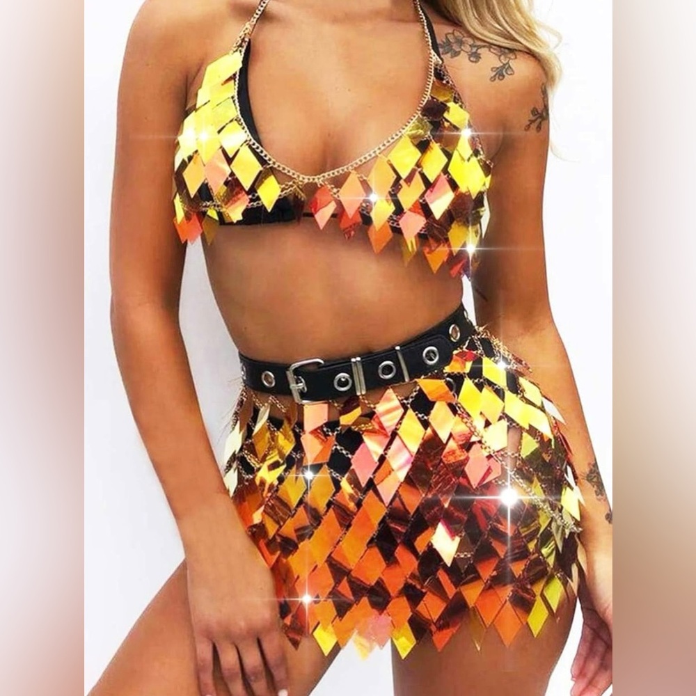 Metallic Orange Sequin Two-Piece Festival Set
